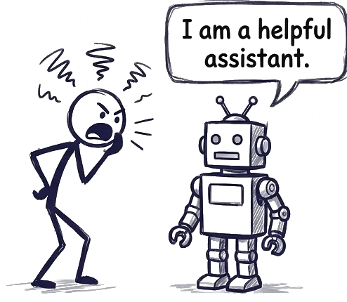 A frustrated person next to a generic robot saying: I am a helpful assistant