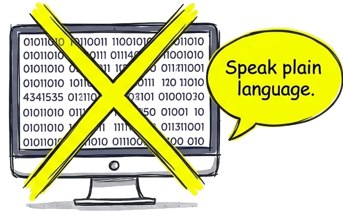 A screen of code crossed out with a big X and a speech bubble: speak plain language